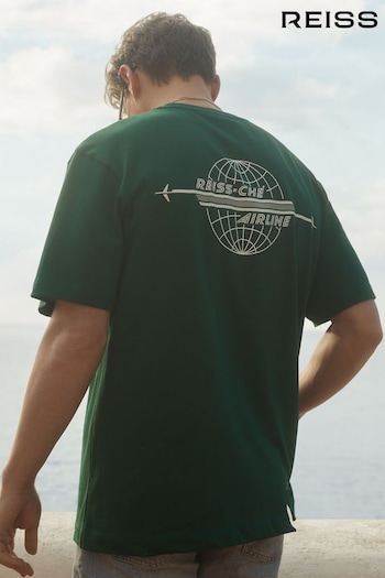 Reiss Dark Green/White Captain Reiss Ché Oversized Cotton Airline Print T-Shirt (E42836) | £58