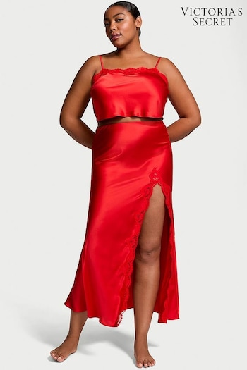 Victoria's Secret Vermillion Red Satin Lace-Trim Cropped Top & Slip Skirt Set (E43458) | £85