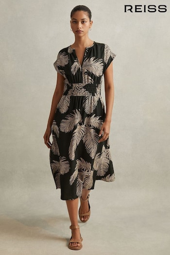 Reiss Khaki Colby Tropical Print Elasticated Waist Midi Dress (E44186) | £168
