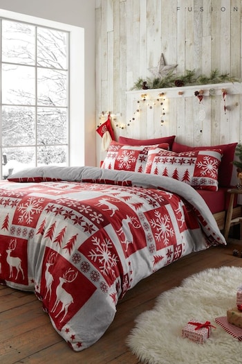 Fusion Red Fair Isle Patchwork Plush Duvet Cover Set (E44298) | £25 - £45