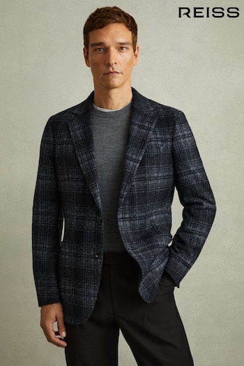Reiss Navy Granite Single Breasted Checked Blazer with Wool (E45180) | £328