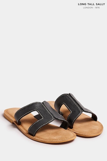 Long Tall Sally Black Tan Leather Cut Out Mule Sandals In Standard Fit (E45616) | £34