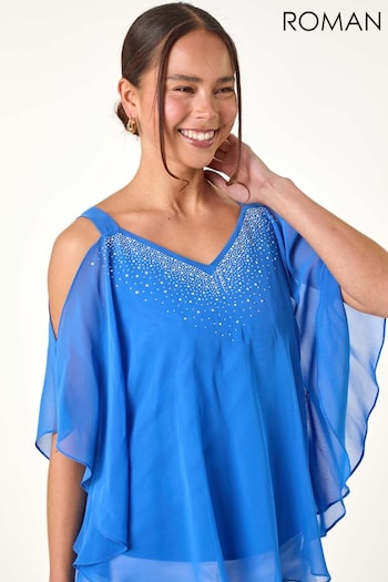 Roman Blue Sparkle Cold Shoulder Chiffon Top (E47006) | £38