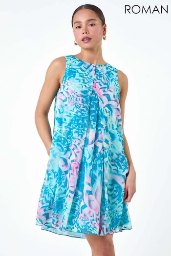 Roman Blue Abstract Print Pleat Neck Dress (E47020) | £50