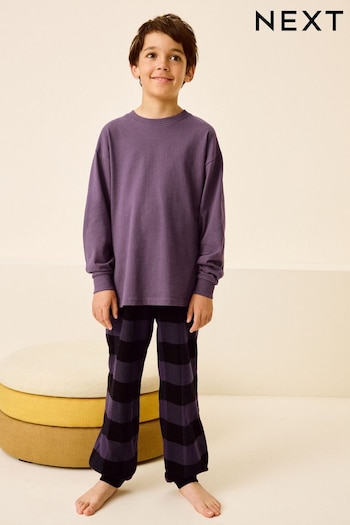 Purple Check 100% Cotton Single Long Sleeve Long Leg Woven Pyjamas (4-16yrs) (E47914) | £15 - £20