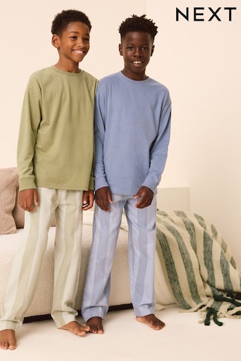 Blue/Sage Green Stripe 2 Pack Long Sleeve Woven Check 100% Cotton Pyjamas (3-16yrs) (E47921) | £26 - £33