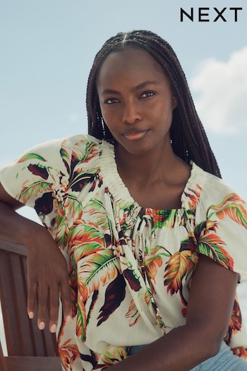 Ecru Palm Print Short Sleeve Tie Neck Bardot Top (E48188) | £28