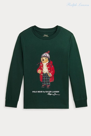 Polo Ralph Lauren Boy Green Bear Graphic Long Sleeve 100% Cotton T-Shirt (E49562) | £59