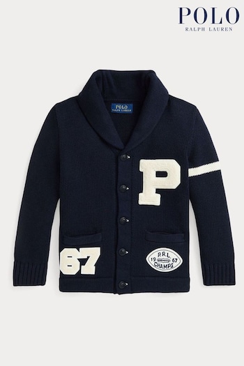 Polo Ralph Lauren Boys Navy 100% Cotton Letterman Cardigan (E49578) | £225