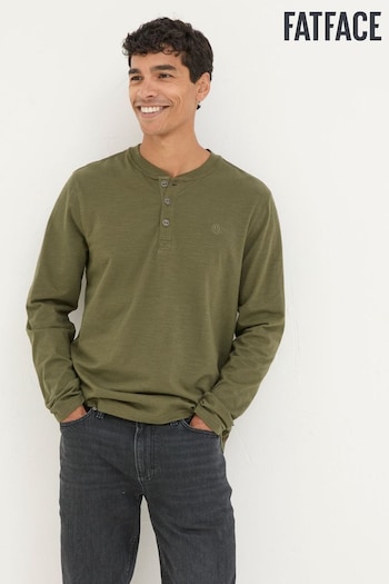 FatFace Woodside Khaki Green Long Sleeve Henley T Shirt (E50424) | £32.50