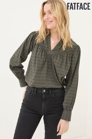 FatFace Mathilde Khaki Green Self Check Blouse (E50555) | £49.50