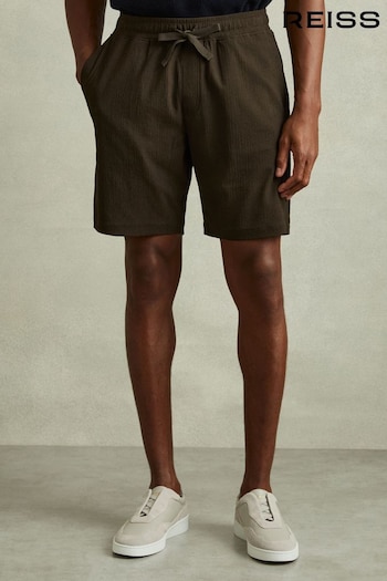 Reiss Dark Olive Green Rihad Textured Crepe Drawstring Shorts (E50705) | £68