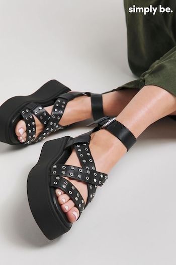 Simply Be Black Studded Cross Strap Flatform Sandals in Wide Fit (E50828) | £40