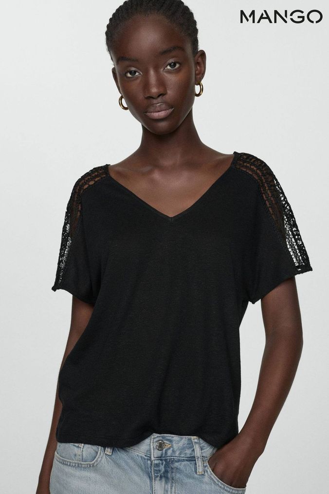 Buy Women s Black V Neck Linen Tshirts Online Next UK