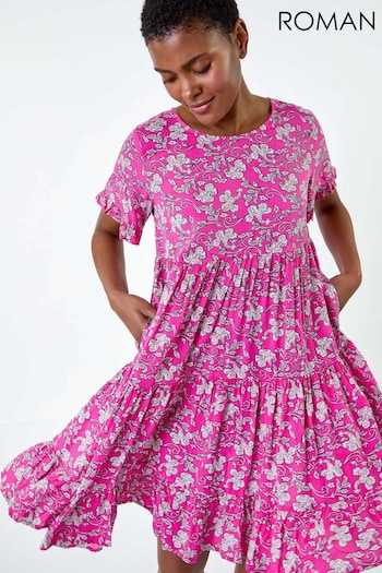 Roman Pink Ditsy Floral Print Tiered Smock technical Dress (E51189) | £42