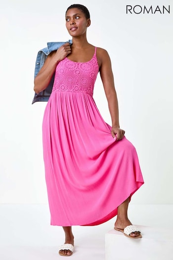 Roman Pink Lace Bodice Shirred Midi Dress (E51191) | £40