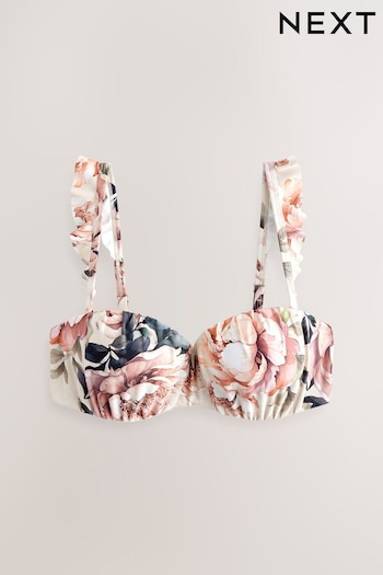 Neutral/Blush Floral Frill Shaping Padded Wired Bandeau Bikini Top (E51469) | £28