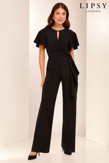 Lipsy Black Flutter Sleeve Tie Side Wide Leg Jumpsuit (E52484) | £58