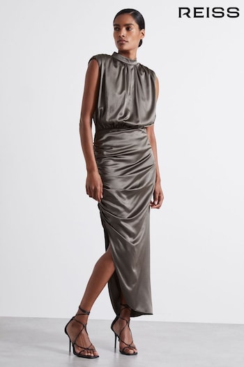 Reiss Silver Aude Atelier Ruched Silk Blend Satin Dress (E52846) | £455