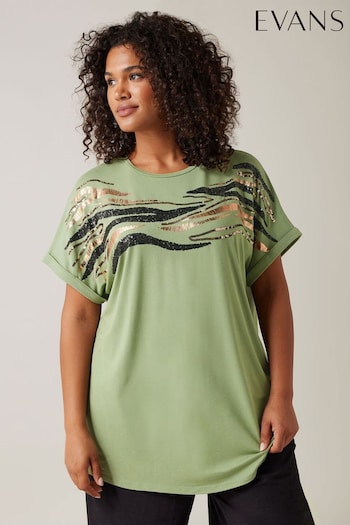 Evans Green Short Sleeve Sequin Zebra T-Shirt (E53272) | £29