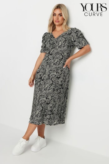 Yours Curve Black Paisley Print Textured Milkmaid Dress (E53682) | £37