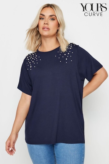 Yours Curve Navy Blue Pearl Detail T-Shirt (E53746) | £28