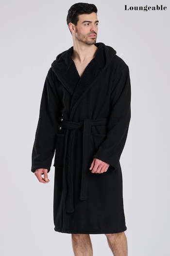 Loungeable Black Waffle Bonded Fleece Lined Hooded Robe (E53851) | £36