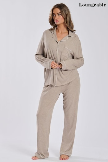 Loungeable Brown Soft Jersey Ribbed Button Through Long Pyjamas (E54109) | £36