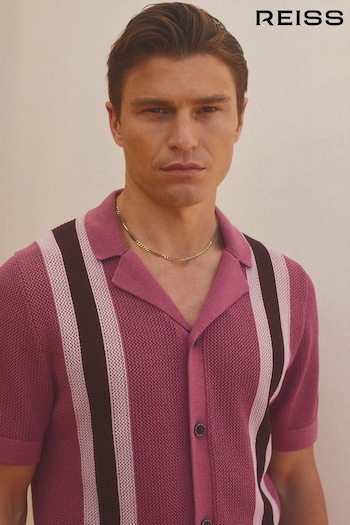 Reiss Pink Multi Danube Reiss | Ché Knitted Contrast Stripe Cuban Collar Shirt (E54492) | £138