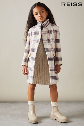 Reiss Brown Claude 9-13 yrs Wool Blend Checked Asymmetric Funnel Neck Coat (E54493) | £138