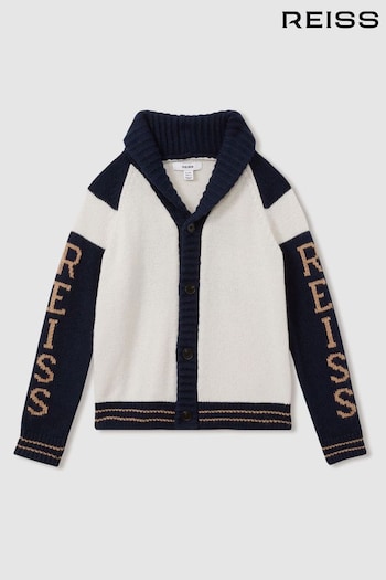 Reiss Off White/Navy Huston Knitted Varsity Cardigan (E54516) | £56