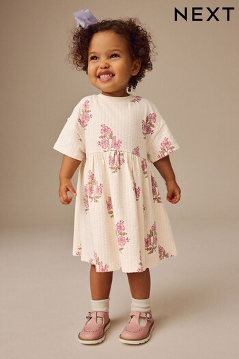 Ecru White Floral Short Sleeve 100% Cotton Dress (3mths-7yrs) (E54820) | £6 - £8