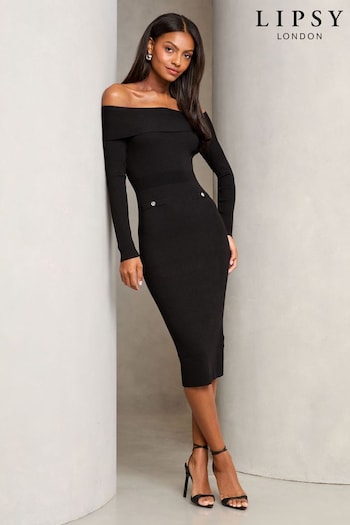 Lipsy Black Bardot Button Detail Ribbed Knit Dress (E55034) | £56