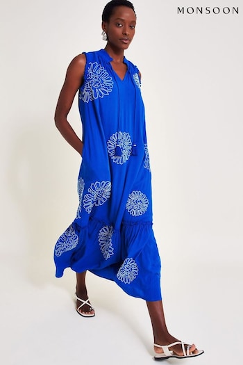 Monsoon Blue Meena Embroidered Dress (E55217) | £80