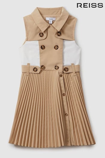 Reiss Camel Georgina 13-14 yrs Pleated Button-Front Dress (E55292) | £85