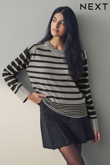 Black Grey Stripe Soft Touch Pattern Knitted Cosy Crew Neck Jumper (E55433) | £25