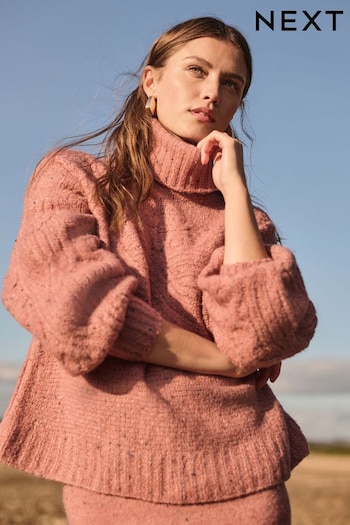 Pink Blush Co-ord Neppy High Roll Neck Knitted Jumper with Wool (E55438) | £36