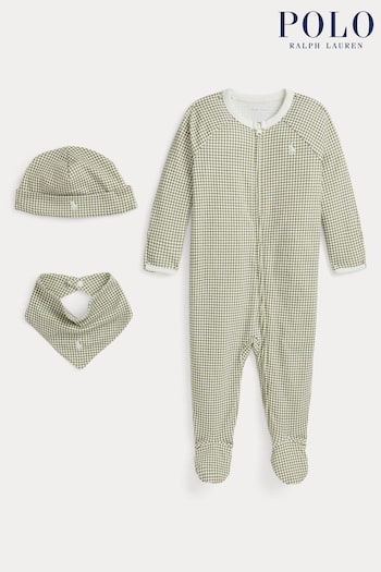 Polo Ralph Lauren Baby Beige Houndstooth 100% Cotton Print 3 Piece Gift Set (E55686) | £109