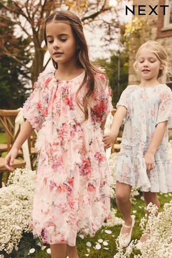 Pink Floral Print Ruffle Mesh Occasion Dress (3-16yrs) (E57544) | £36 - £42