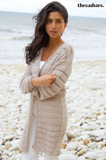 Threadbare Brown Longline Crochet Knit Cardigan (E58068) | £36