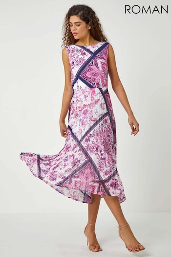 Roman Pink Paisley Scarf Print Pleated Midi Dress (E59085) | £65