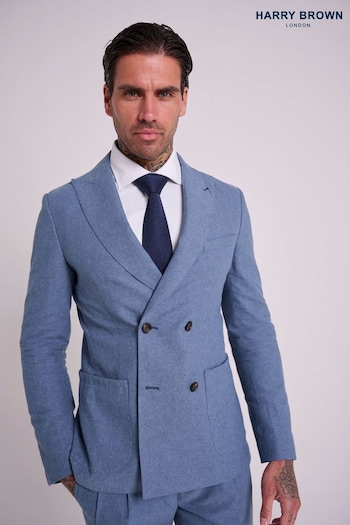 Harry Brown Blue Slim Fit Oliver Linen Cotton Blend Double Breasted Suit (E59110) | £159