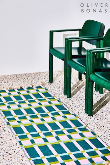 Oliver Bonas Teal Green Inez Handwoven Cotton Geometric Runner Rug (E59182) | £95