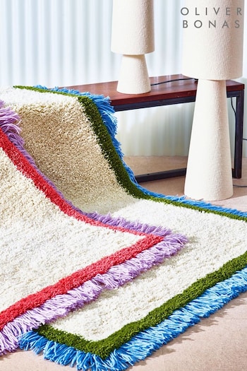 Oliver Bonas White/Blue Danton Fringed Fluffy Rug (E59184) | £275