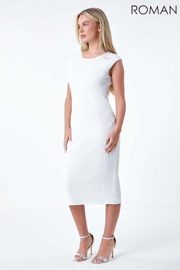 Roman White Textured Crochet Midi Dress (E59526) | £40