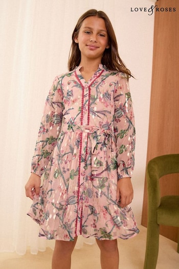 Long Sleeved Sets Pink Printed Metallic Chiffon Shirt Dress (5-16yrs) (E59665) | £37 - £44