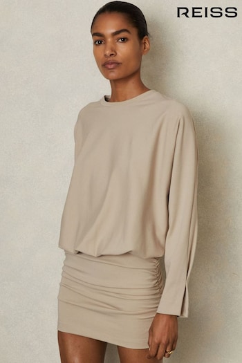 Reiss Neutral Lorenza Ruched Jersey Blouson Top Mini Dress (E61253) | £138