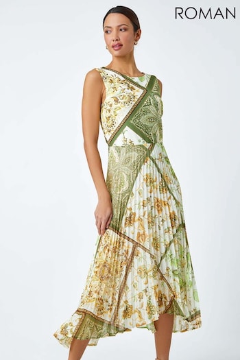 Roman Green Paisley Scarf Print Pleated Midi Dress (E61314) | £60