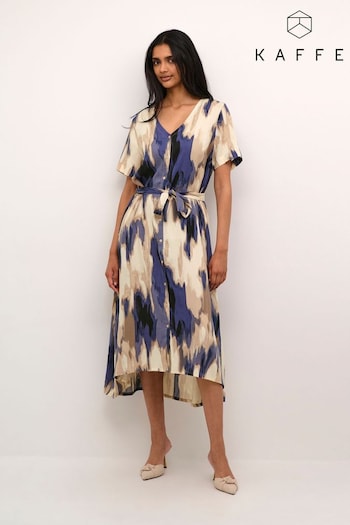 Kaffe Beathe Buttons V-Neck Belted Maxi Blue/Cream Dress (E62837) | £65