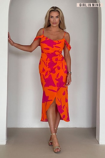 Girl In Mind Orange Camilla Floral Cowl Midi Dress (E62949) | £46